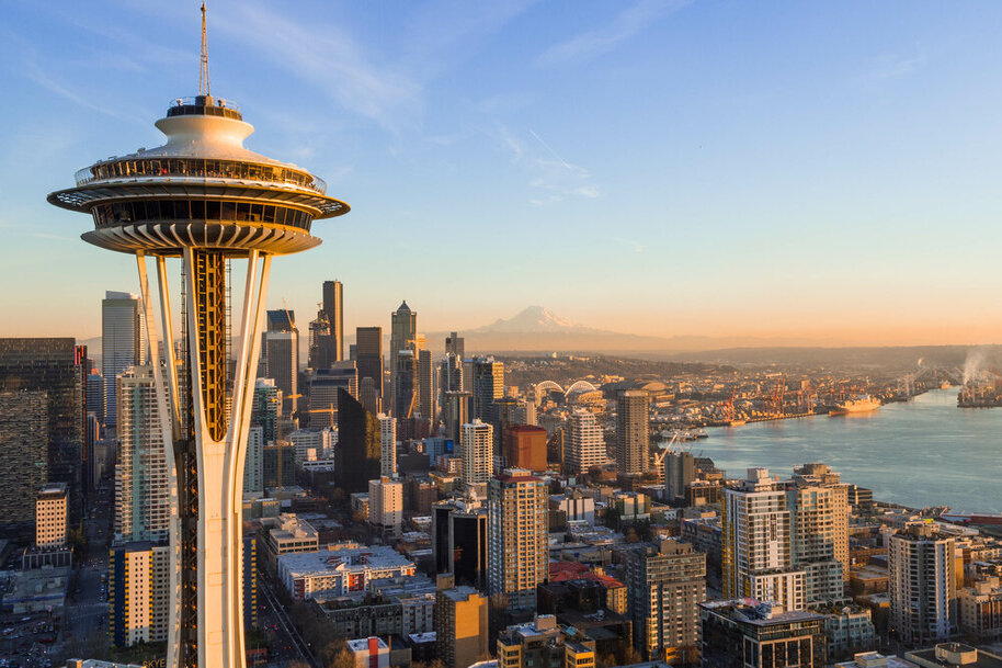 Seattle Skyline At Sunset With Space Needle