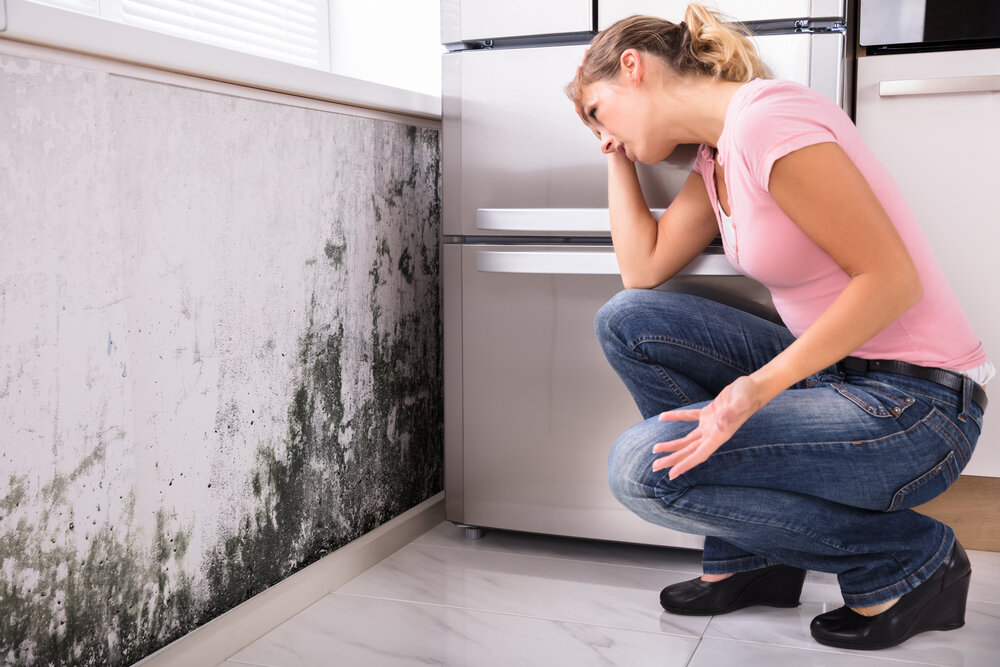 Woman finding mold behind the refrigerator
