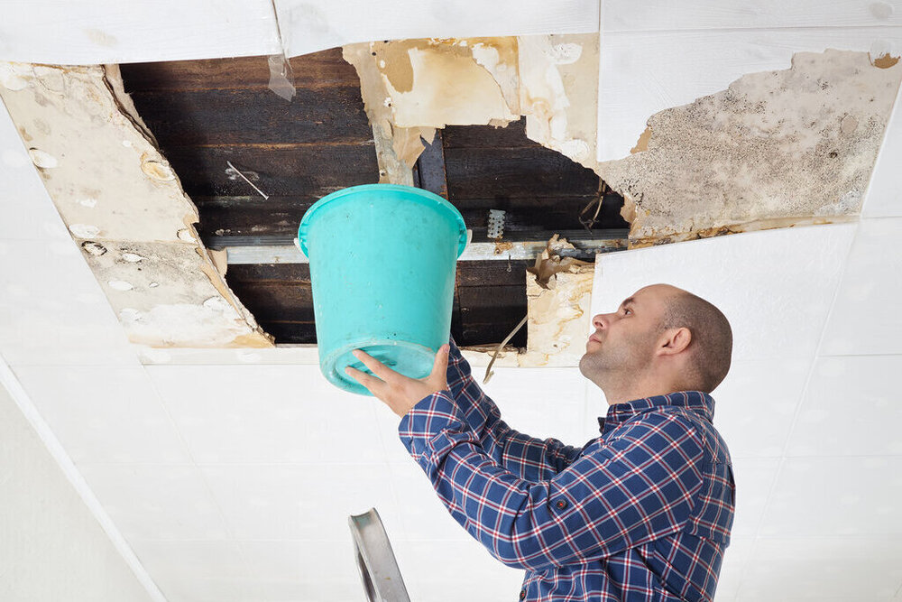 Man Collecting Water In Bucket From Ceiling.