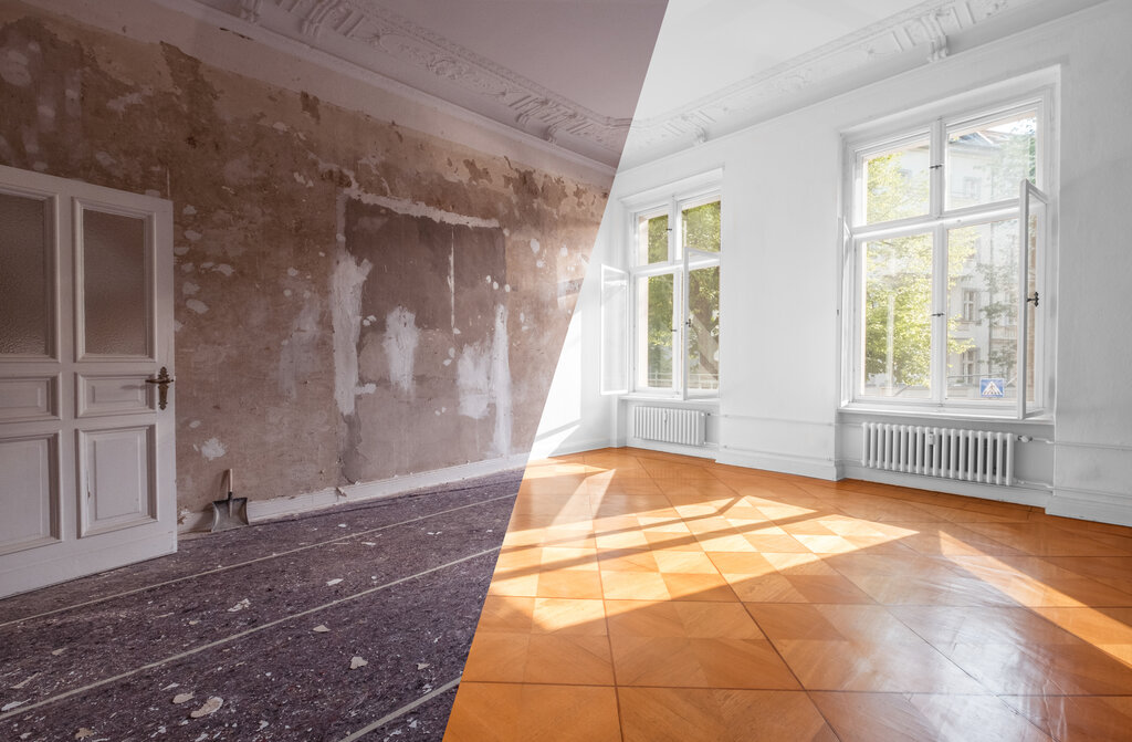 a room before and after restoration or refurbishment - renovation concept