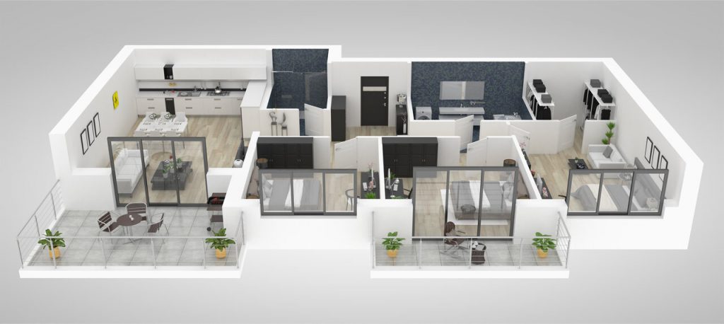 Aerial view of a computer rendering of a floor plan