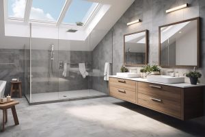 natural light pouring through windows into a remodeled bathroom