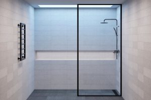 Empty Minimalistic Shower Room With A Window In The Ceiling, And Modern Upgraded Shower Tile