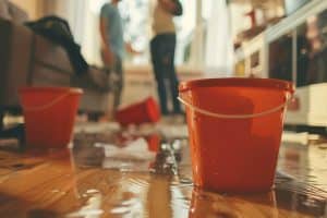 The Roof Is Leaking, Pipes Burst In The House: Water Is Dripping Into The Buckets In The Living Room Frustrated People In The Background