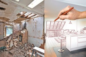 Drawing and planned Modern open kitchen in renovated house, before and after