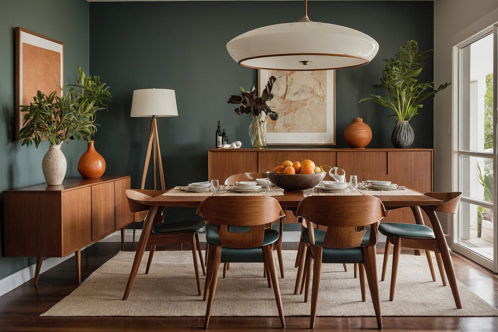 A mid-century modern dining room with emerald green walls, a rich mahogany dining table, and six matching wooden chairs with a walnut finish. A dark, walnut wood sideboard.